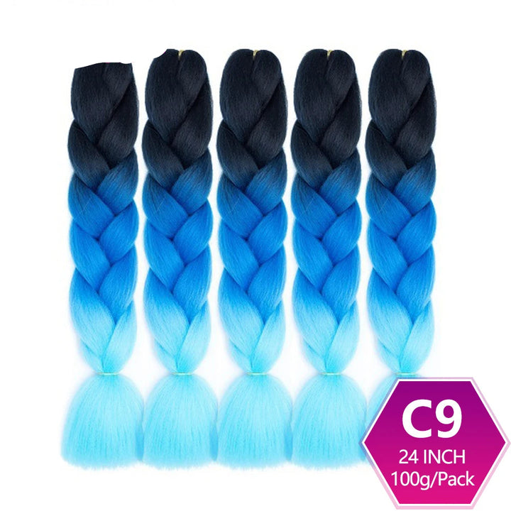 Five braided hair extensions with black to blue gradient on a white background, 