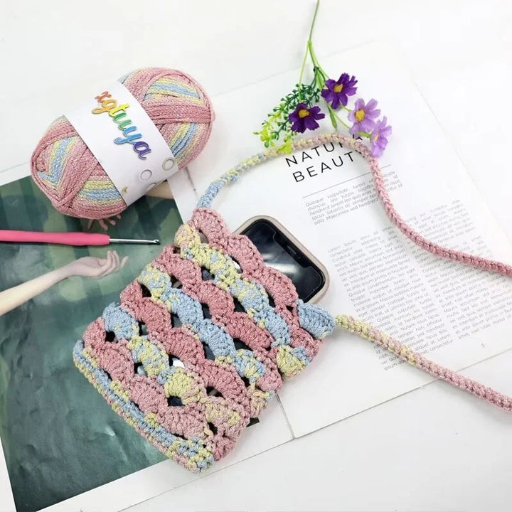 Shiny Gradient Hollow Yarn – Colorful Knitting Yarn for Handmade Accessories, Bags & DIY Crafts