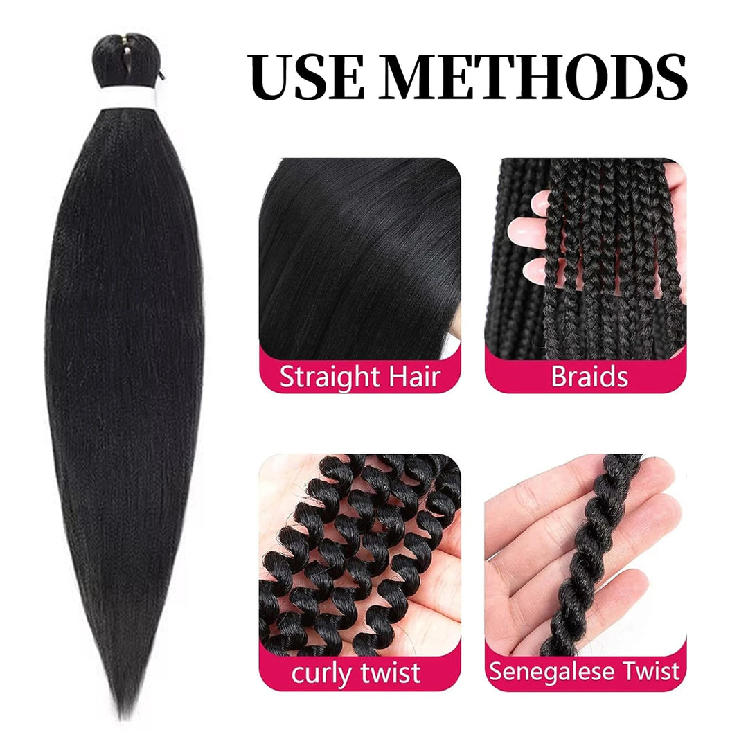 Illustration of different hair extensions with labels for straight, braids, curly twist, and Senegalese twist.