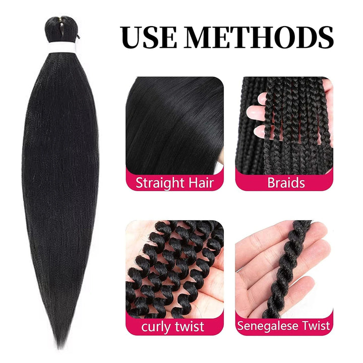 Illustration of different hair extensions with labels for straight, braids, curly twist, and Senegalese twist.
