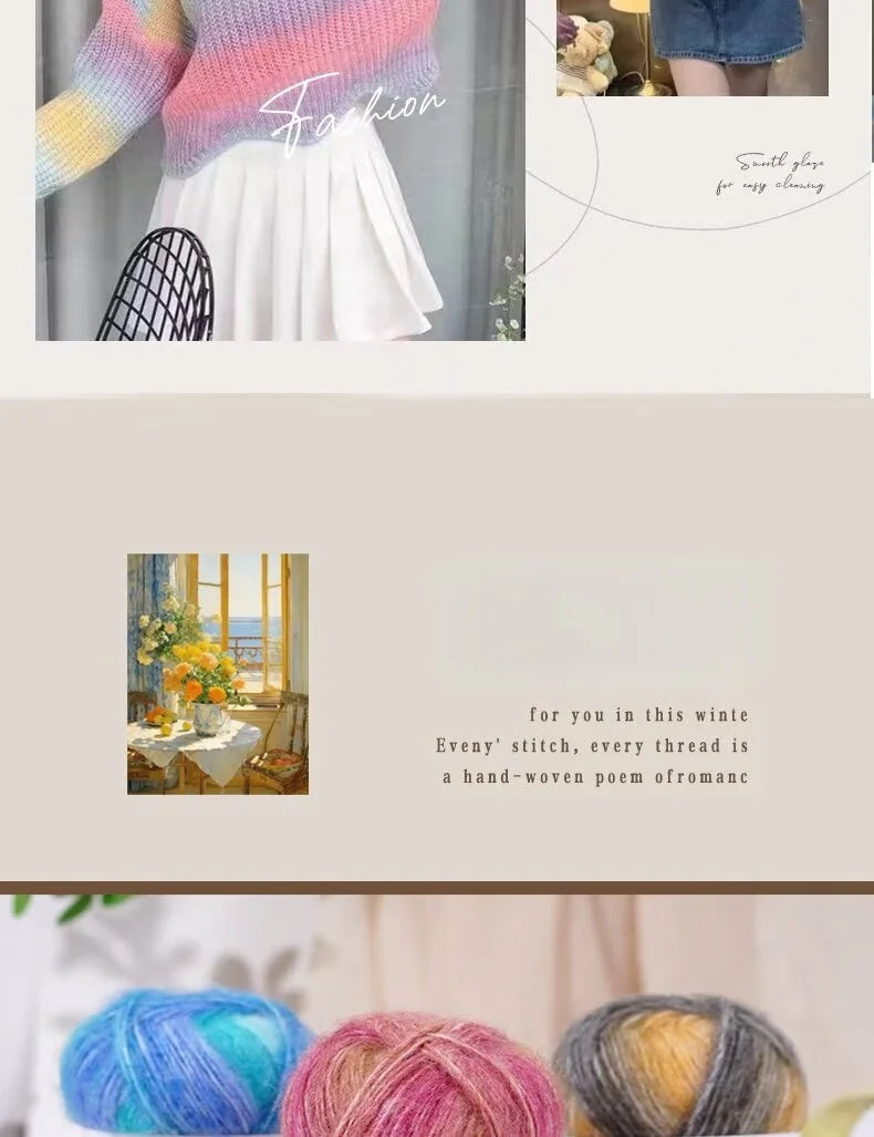 150g Mohair Gradient Spray Yarn (3 Skeins) – Lightweight Rainbow Knitting Yarn for Sweaters, Hats, Scarves & Shawls