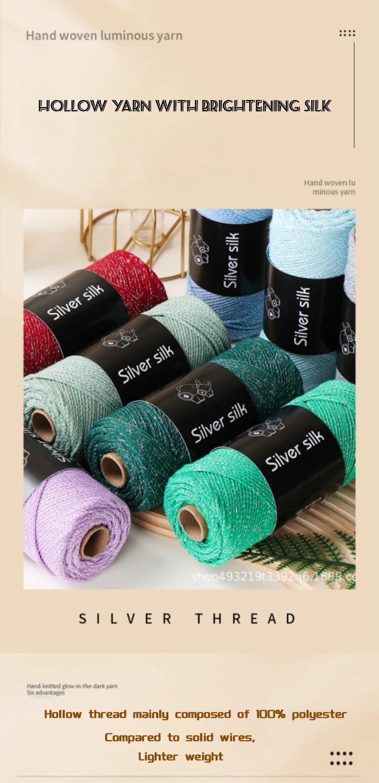 300g Shiny Silver Silk Hollow Yarn – Polyester Crochet Yarn for Bags, Hats, Shoes & DIY Crafts