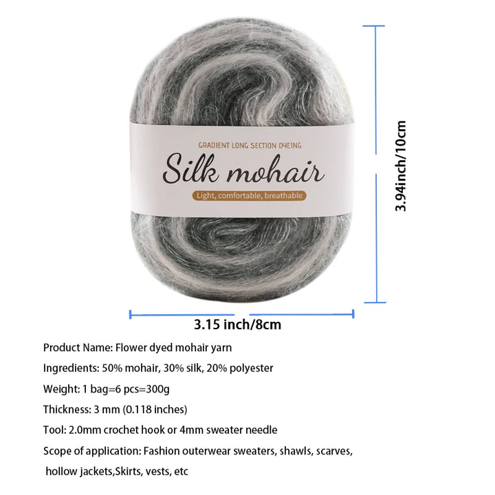 300g Rainbow Gradient Silk Mohair Yarn – Section Dyed Knitting Yarn (6 Pieces/Bag)