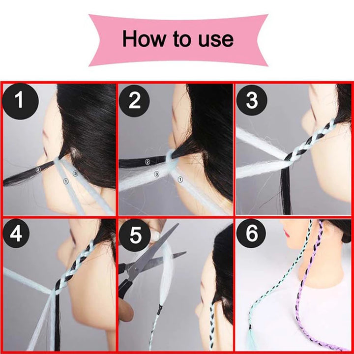 Step-by-step guide on how to use a hair tie with images of hands tying hair and cutting string.