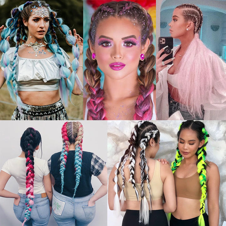 Collage of women with styled braids in various colors and outfits.