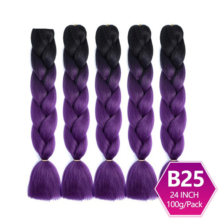 Five braided hair extensions with purple and black color gradient, 