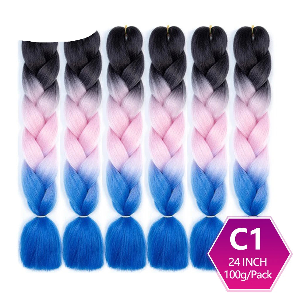 Set of braided hair extensions with gradient color from black to pink to blue