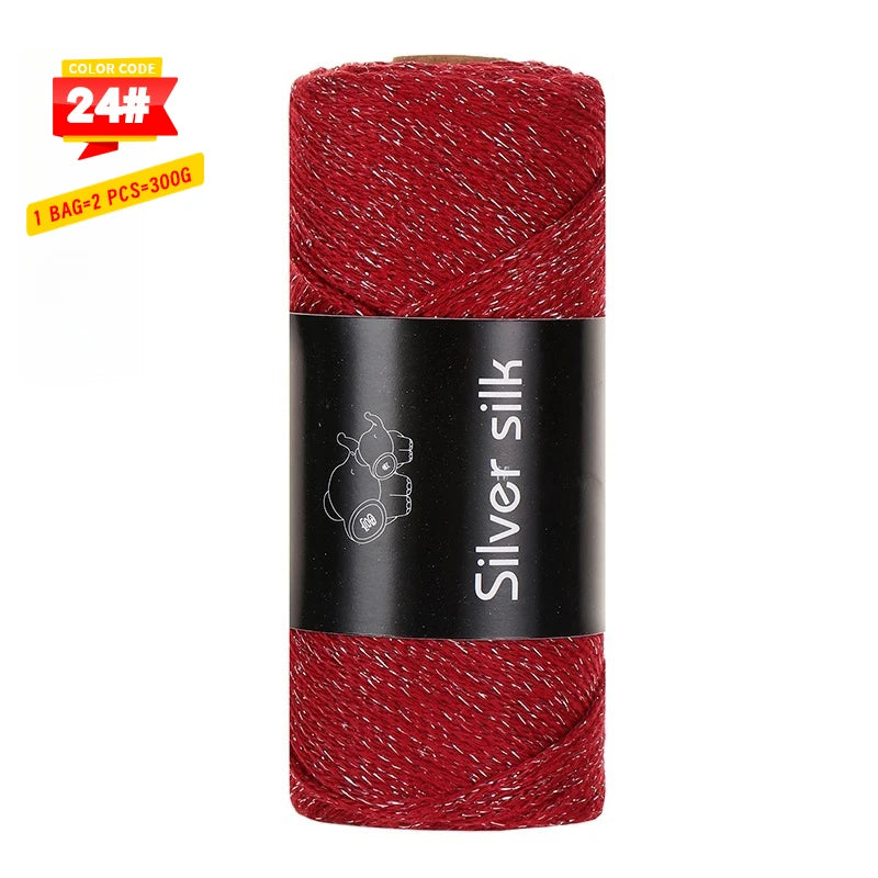 300g Shiny Silver Silk Hollow Yarn – Polyester Crochet Yarn for Bags, Hats, Shoes & DIY Crafts