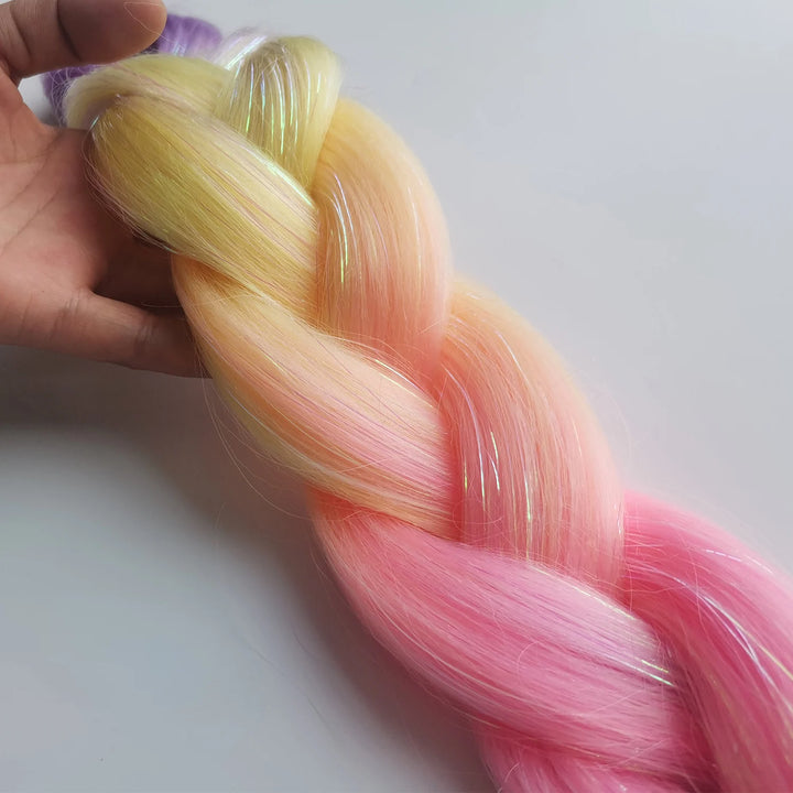 Colored Jumbo Braiding Hair with Mixed Tinsels – 24 Inch Ombre Braids, 4-Tone Synthetic Hair for Festivals & Raves (Girls & Kids)