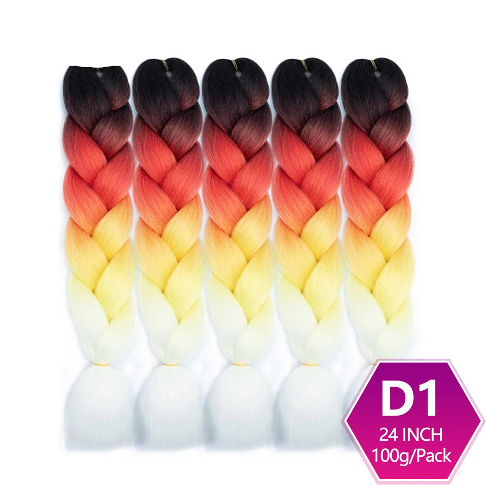 Five braided hair extensions with a gradient color pattern on a white background