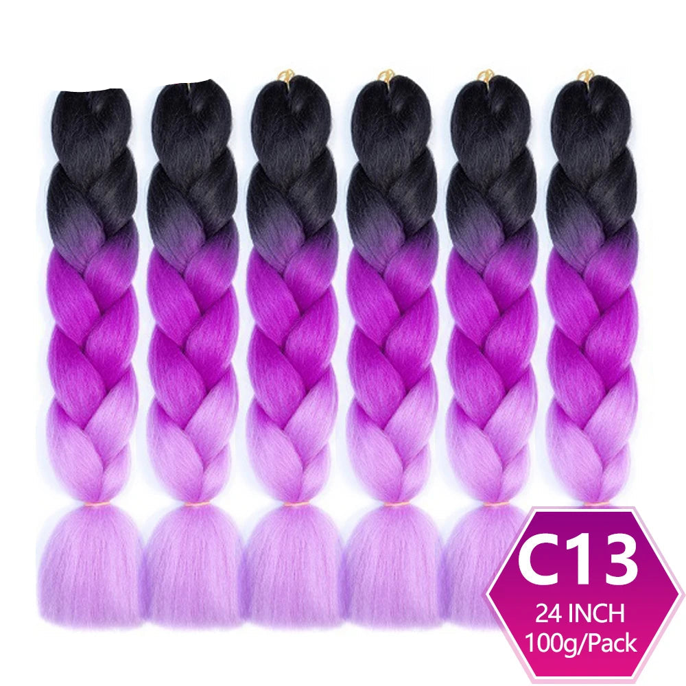 Set of black to purple ombre braided hair extensions 