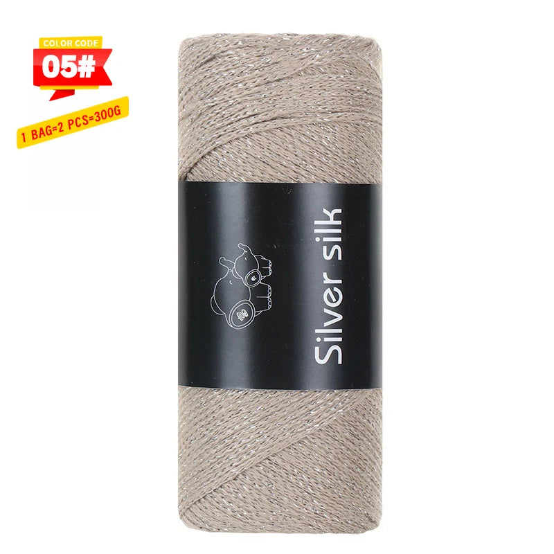 300g Shiny Silver Silk Hollow Yarn – Polyester Crochet Yarn for Bags, Hats, Shoes & DIY Crafts