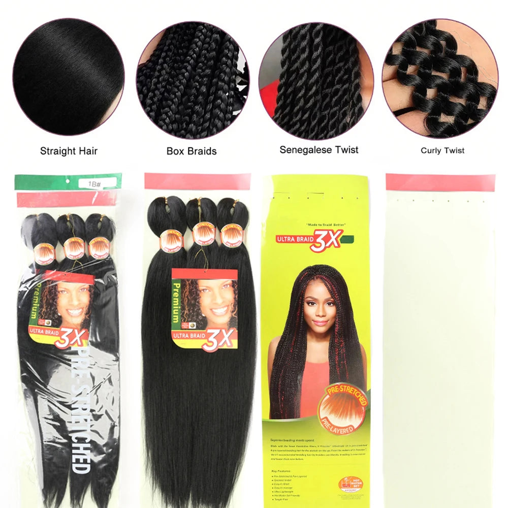 Hair extensions with packaging displaying different styles on a white background