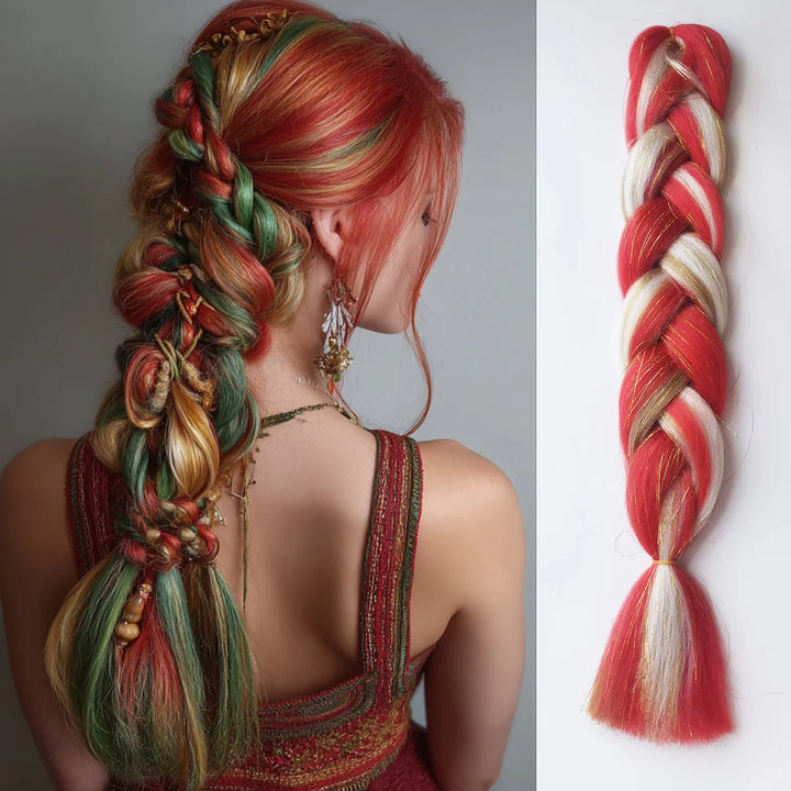 Red & Yellow Christmas Jumbo Braids – Synthetic Colorful Mixed Tinsel Braiding Hair for Girls & Kids (Festival, Halloween, Rave)