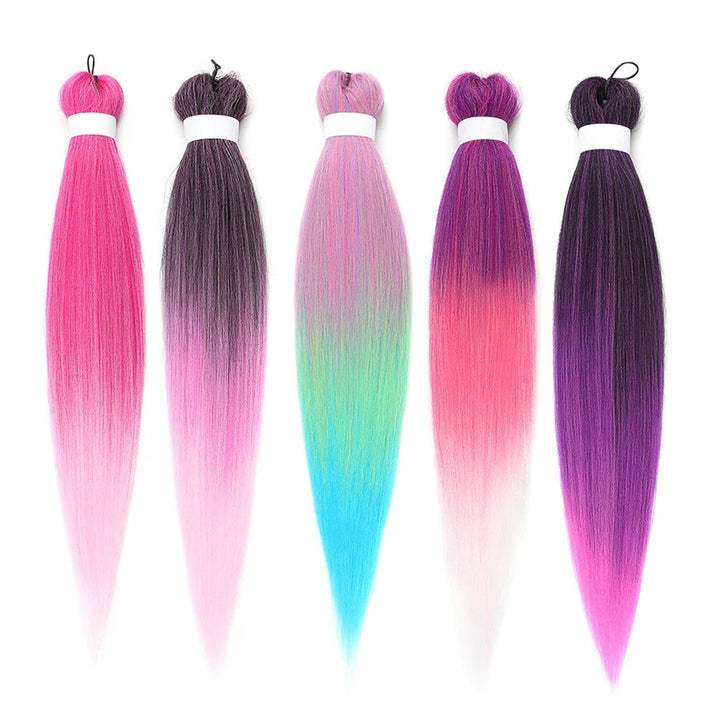 Set of hair extensions with gradient colors on a white background.