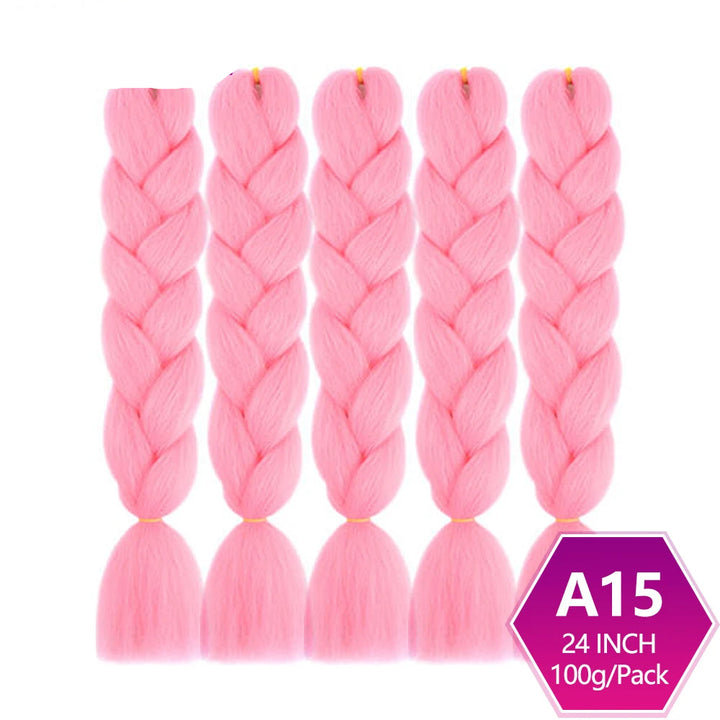 Five pink braided hair extensions with  on a white background.