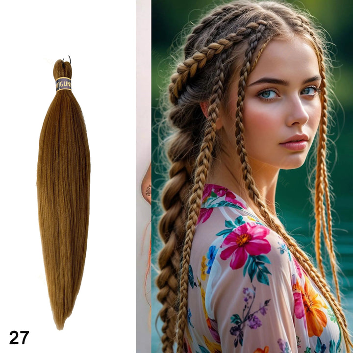 Hair extension with a woman styled with braided hair in the background.