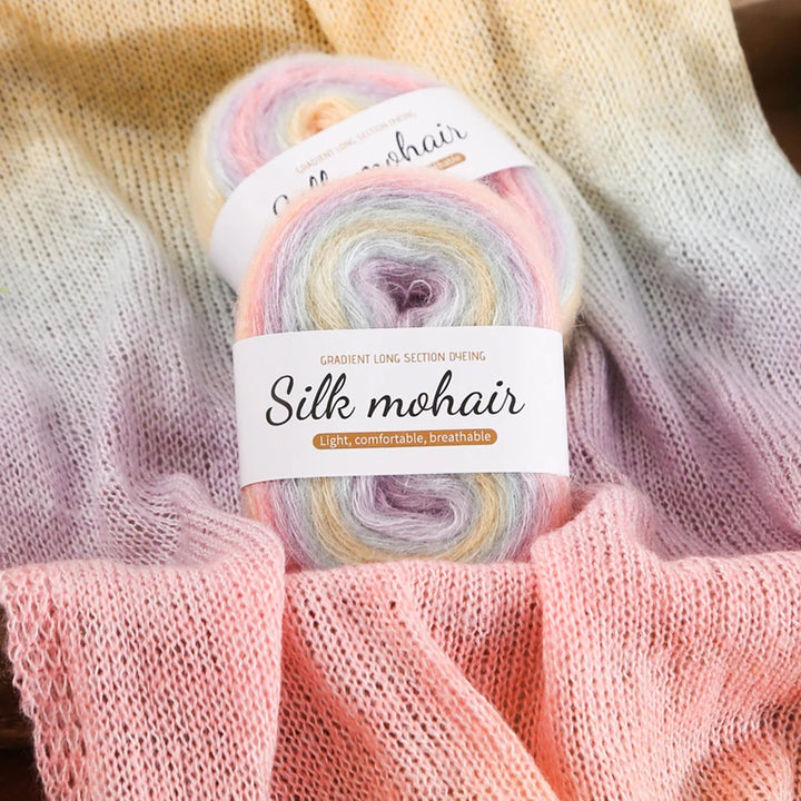 300g Rainbow Gradient Silk Mohair Yarn – Section Dyed Knitting Yarn (6 Pieces/Bag)