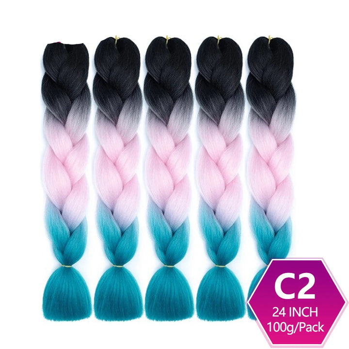 Five packs of ombre braiding hair with black to blue gradient on a white background