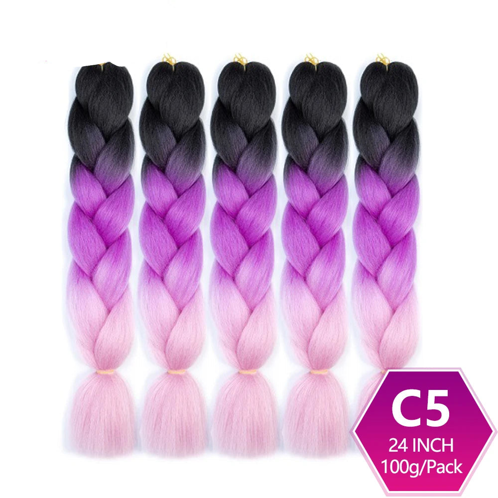 Five braided hair extensions with black to pink gradient on a white background
