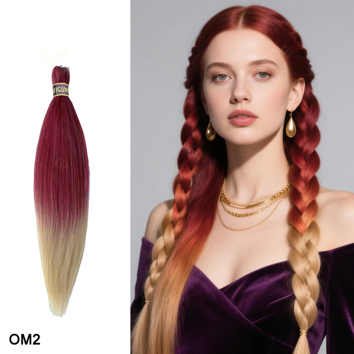 Hair extension with ombre color and a model wearing it styled in braids.