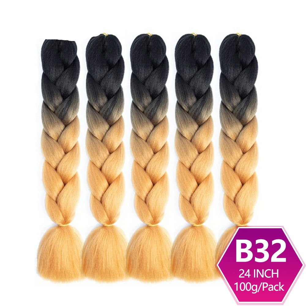 Five braided hair extensions with black to blonde gradient, branded  a white background.