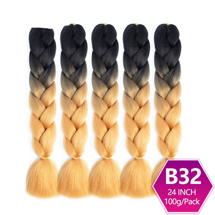 Five braided hair extensions with black to blonde gradient, branded  a white background.