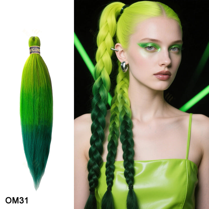 Green hair extension with ext to a model with green hair extensions.