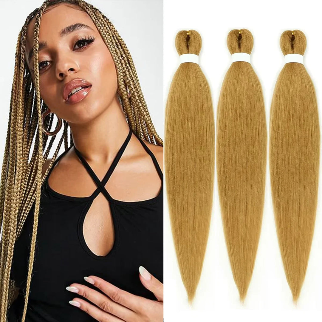 Woman with styled hair and three bundles of blonde hair extensions on a white background