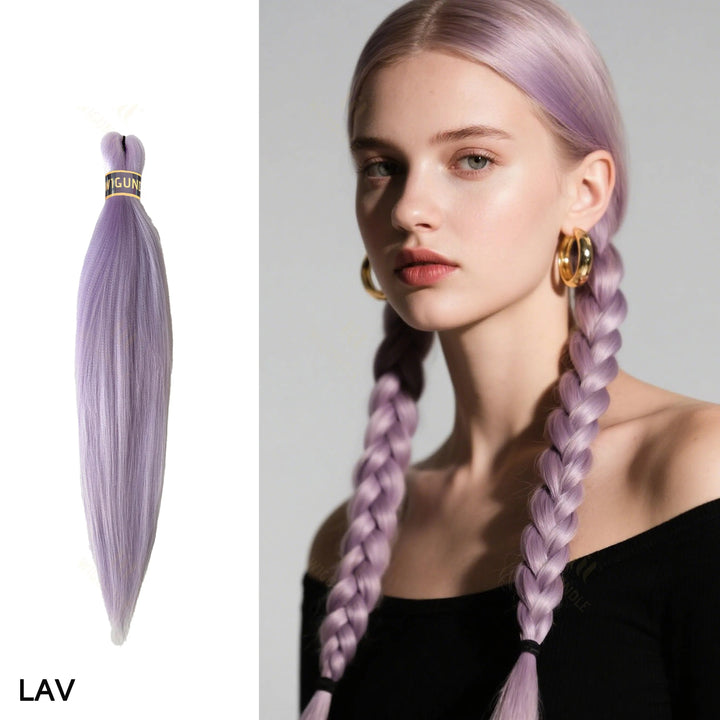 Woman with braided purple hair next to a bundle of purple hair extensions 