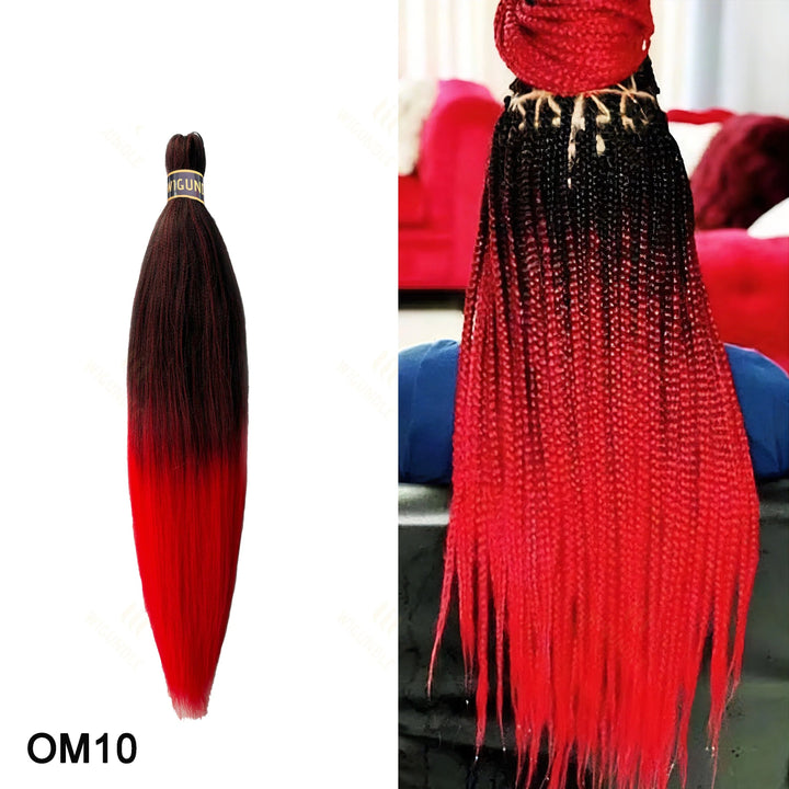 Red to black ombre braided hair extensions with  on a white background.