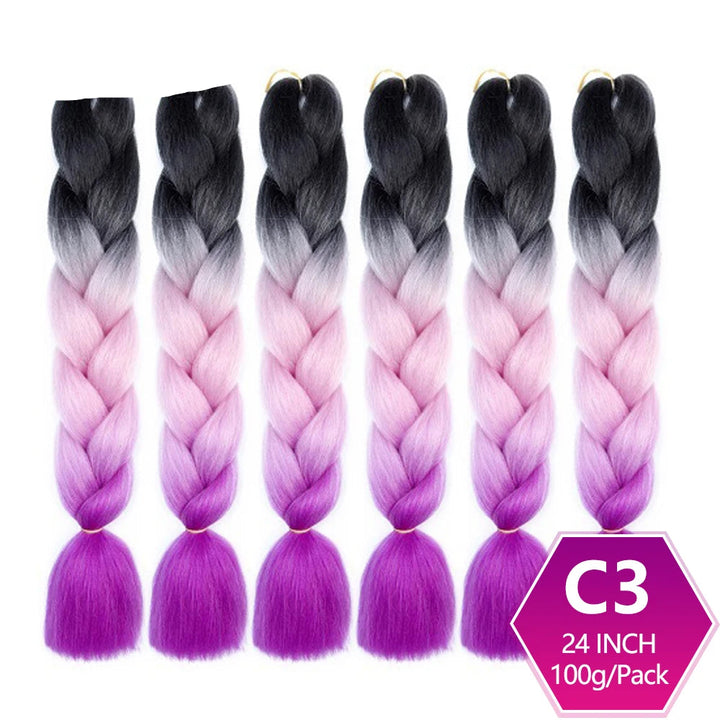 Set of braided hair extensions with gradient color from black to purple, .