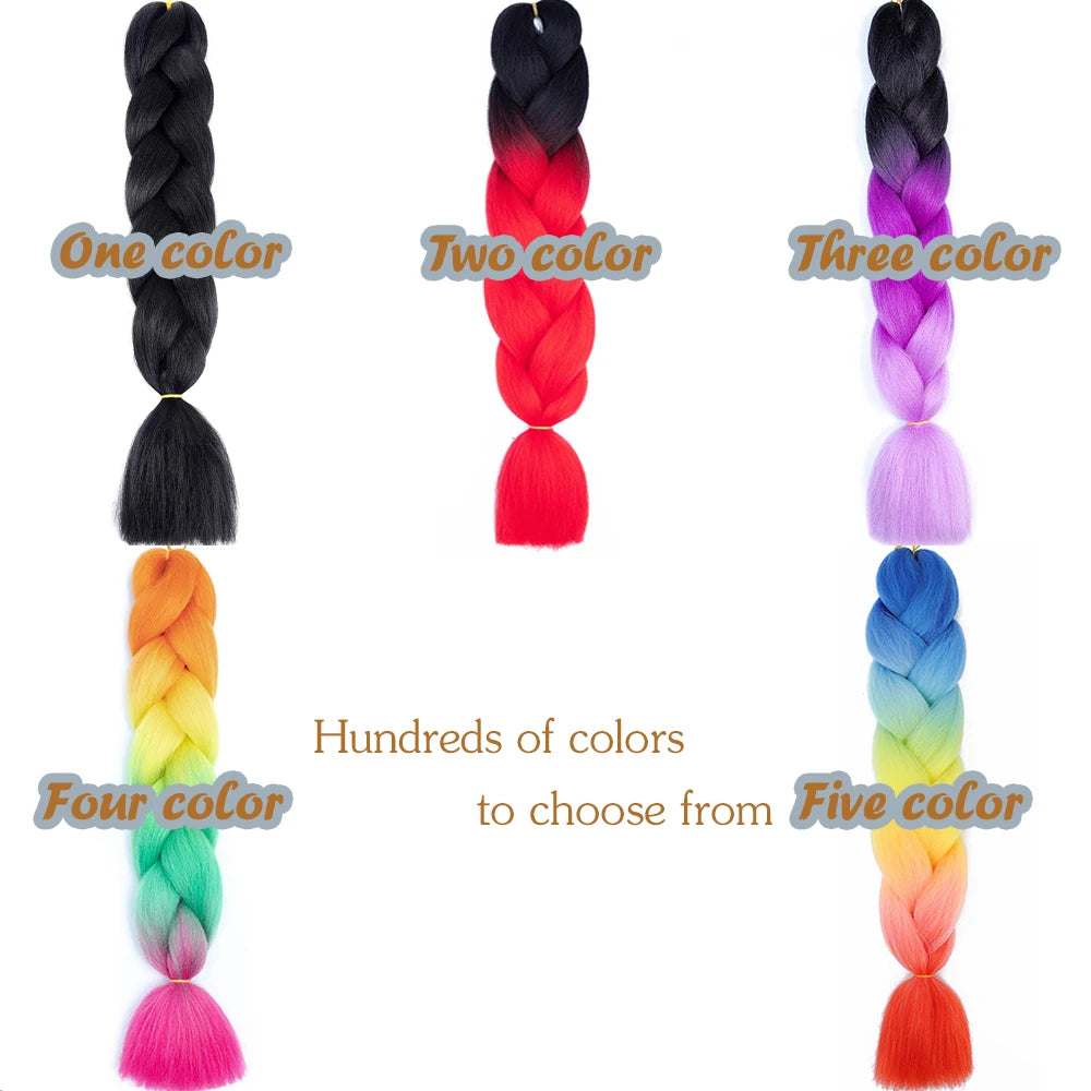 Colorful braided hair extensions with text indicating different color options on a white background.