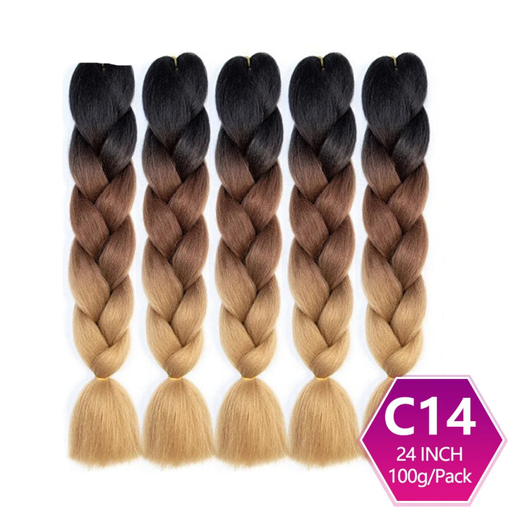 Five braided hair extensions with gradient color from black to blonde