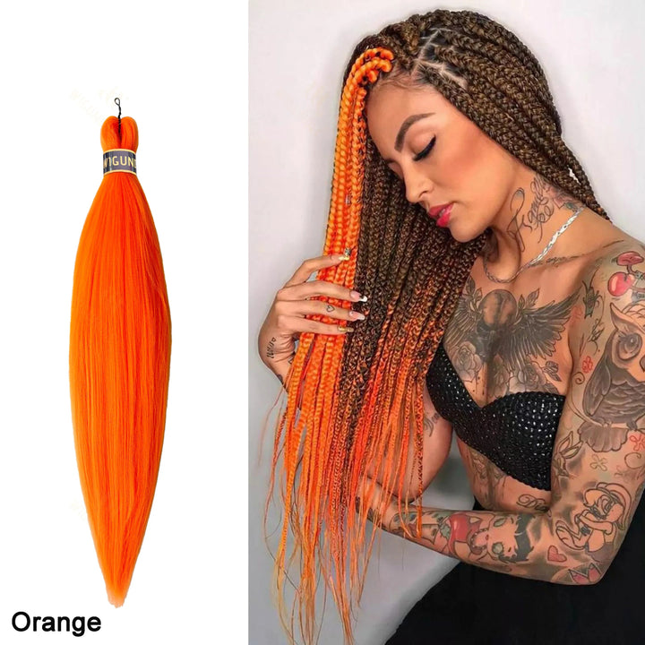 Woman with orange braided hair extensions and aproduct on a white background