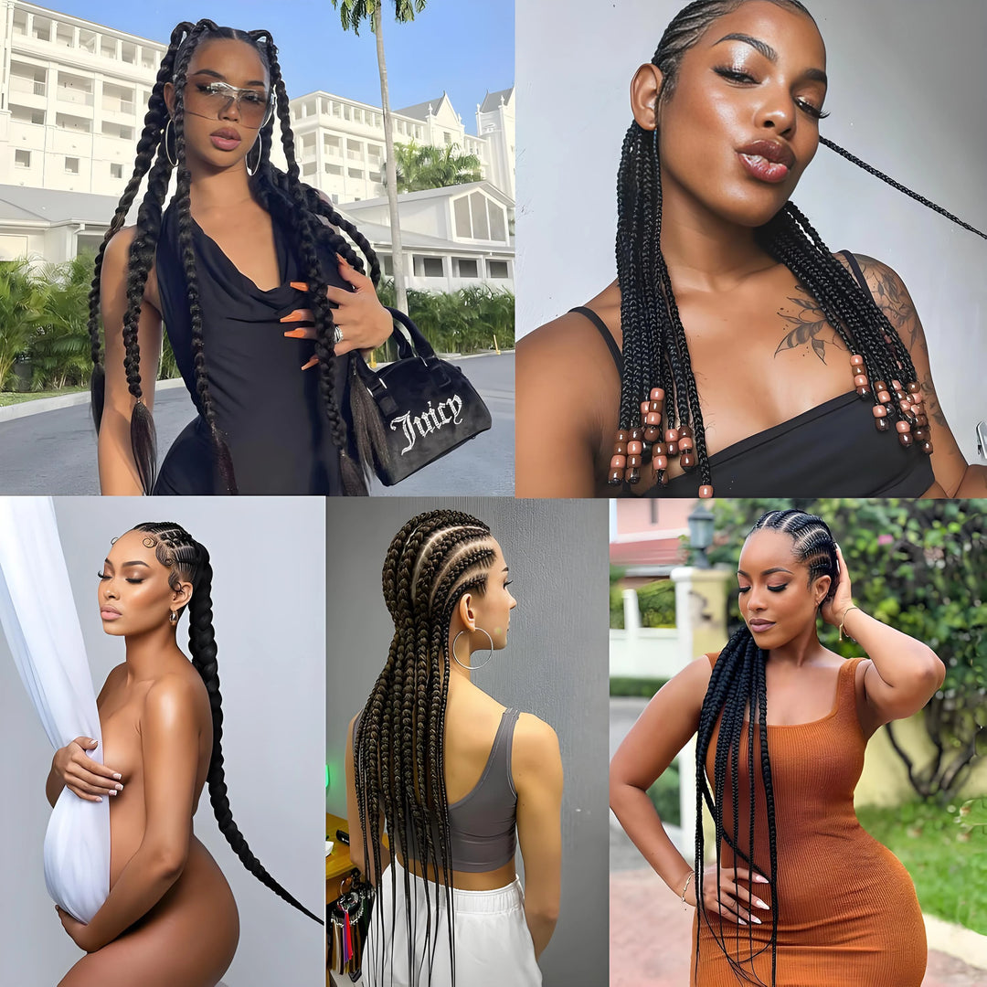 Collage of a woman with styled braids in various settings