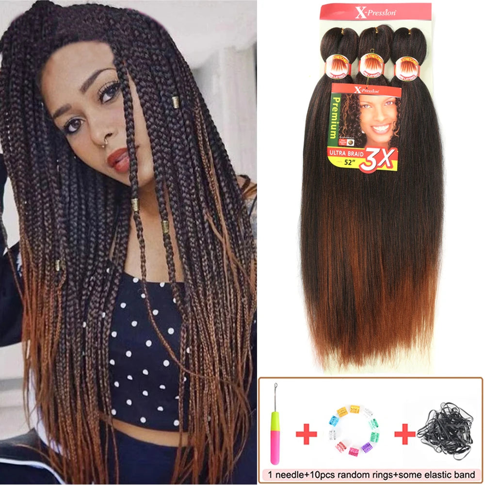 Woman with styled hair and Xpression hair extensions packaging on a white background