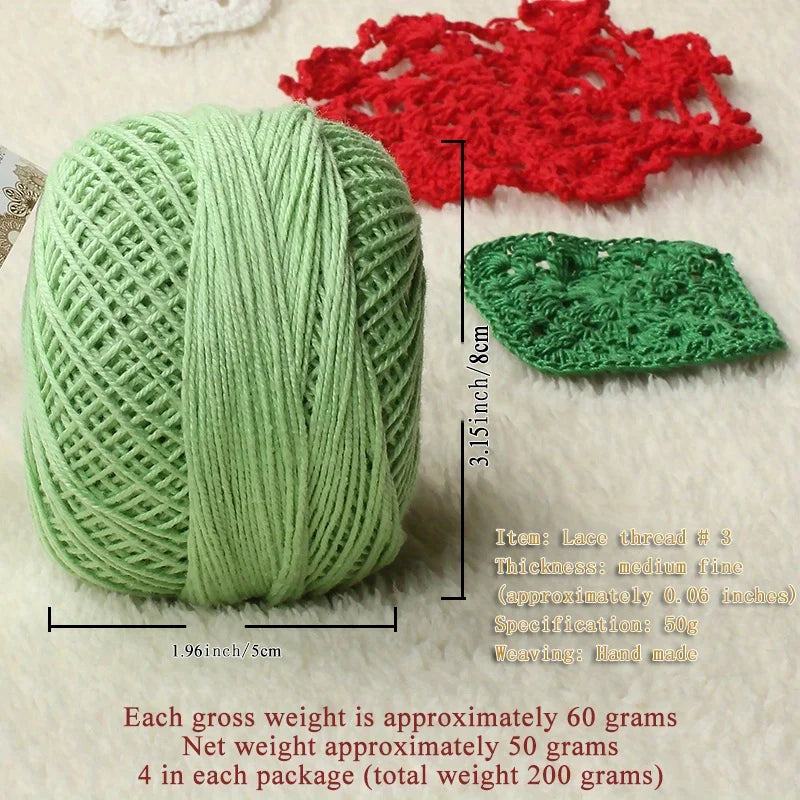 No. 3 Pearl Lace Cotton Thread (4 Pack / 200g) – Fine Hand-Knitting & Crochet Yarn for Shawls, Hats & Summer Outwear