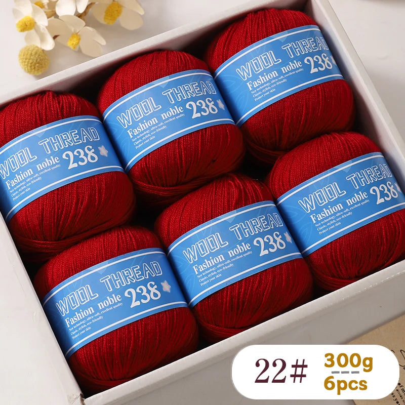 300g 238 Pure Wool Yarn (6 Pack) – High-Quality Knitting Yarn for Sweaters, Vests & Hats