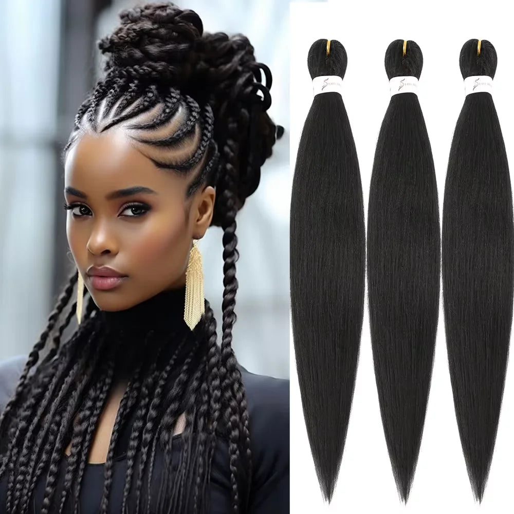 Woman with styled hair and three bundles of straight hair extensions.