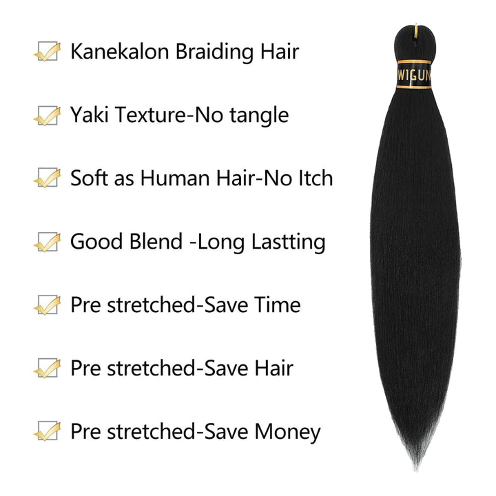 Black Kanekalon braiding hair with WIGGUN brand label on a white background, featuring product features.