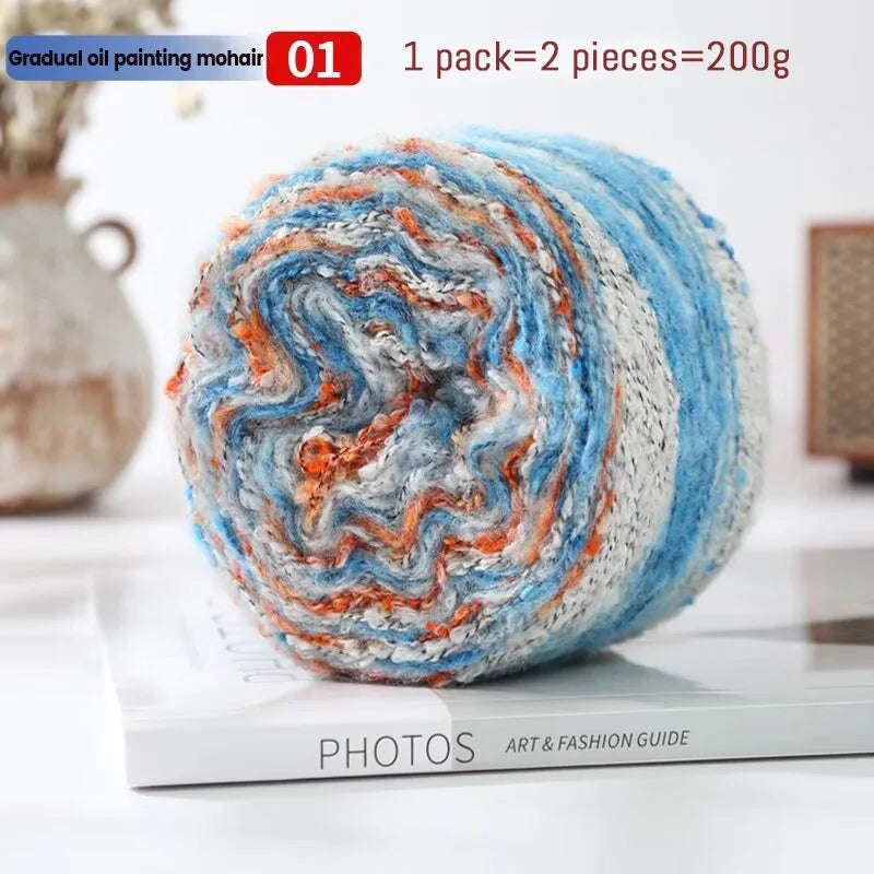 200g Oil Painting Gradient Mohair Wool Yarn (2 Pieces) – Colorful Rainbow Yarn for Sweaters, Coats, Hats & Scarves