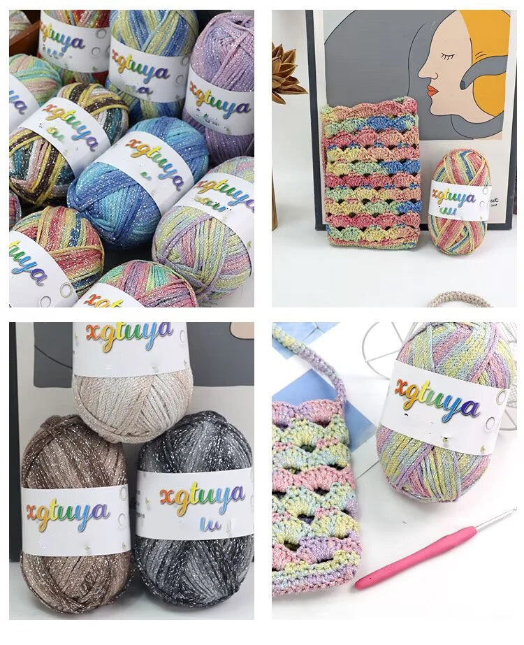 Shiny Gradient Hollow Yarn – Colorful Knitting Yarn for Handmade Accessories, Bags & DIY Crafts