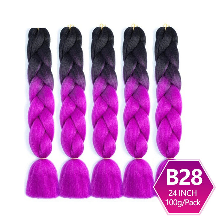 Five braided hair extensions with black to purple ombre color transition on a white background