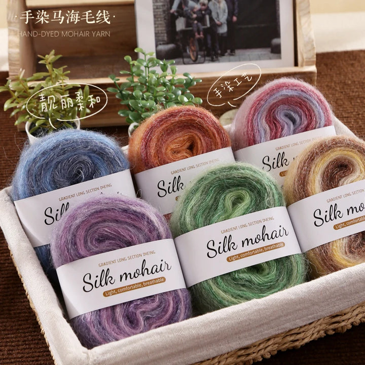 300g Rainbow Gradient Silk Mohair Yarn – Section Dyed Knitting Yarn (6 Pieces/Bag)