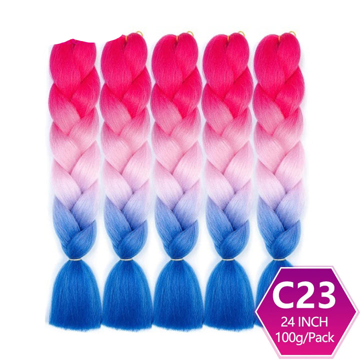 Set of braided hair extensions with pink to blue gradient