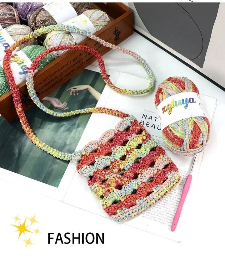 Shiny Gradient Hollow Yarn – Colorful Knitting Yarn for Handmade Accessories, Bags & DIY Crafts