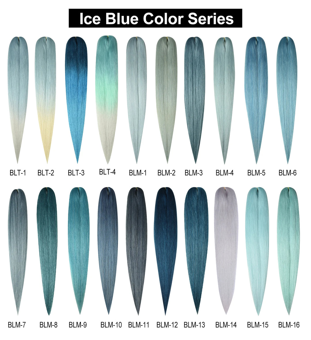 Color chart for ice blue hair extensions with various shades.