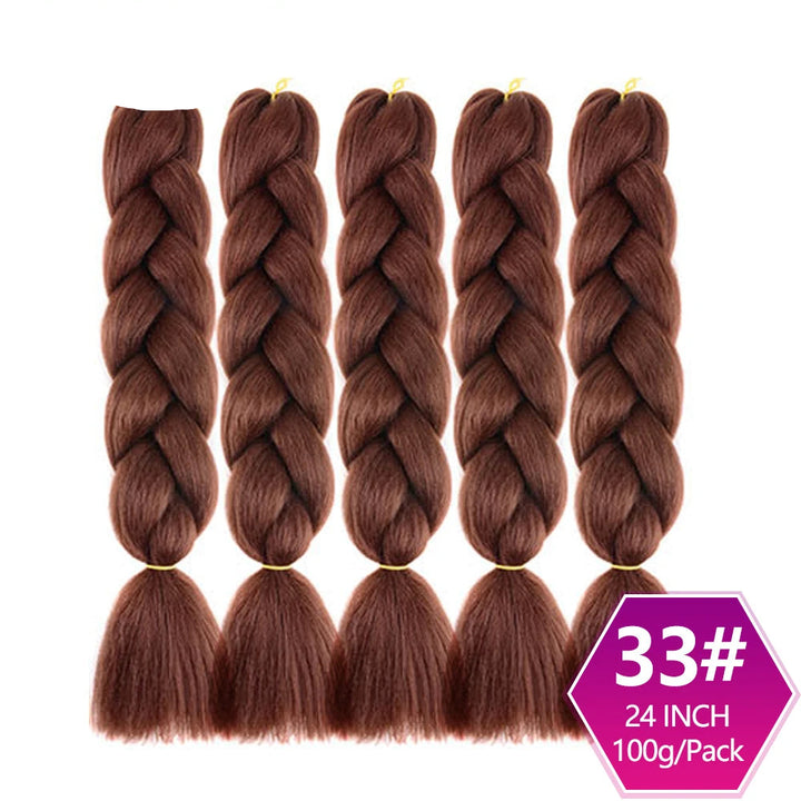 Five braided hair extensions in brown color with  on a white background.