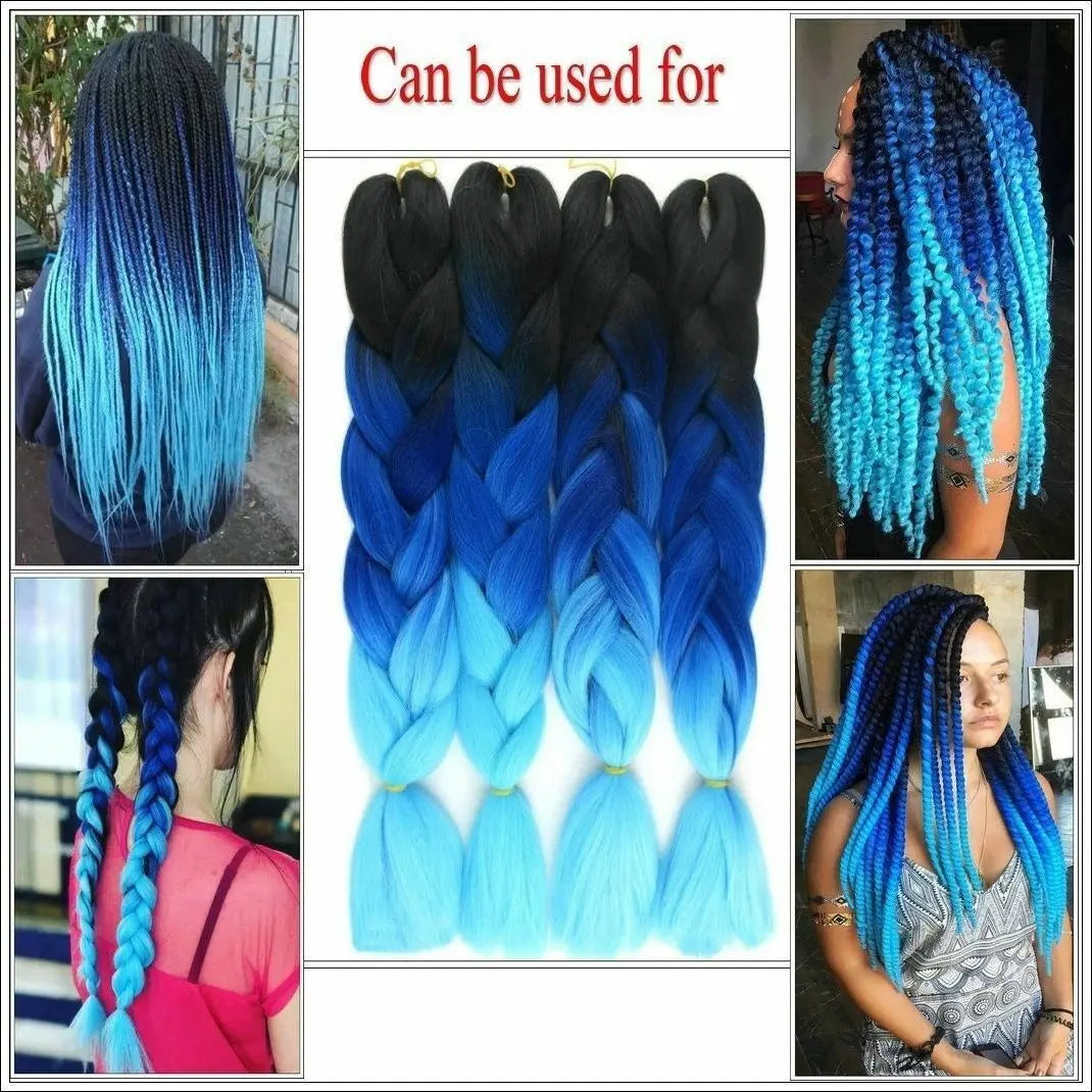 Blue and black hair extensions with examples of hairstyles and text 'Can be used for'.